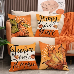 Set of 4 autumn pumpkin and maple leaf throw pillow covers for fall home sofa decor