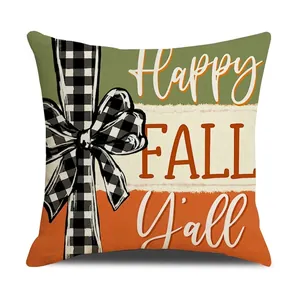 Square fall pillow cover with Happy Fall Y'all text and plaid bow on white background