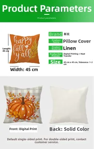 Detail showing 45x45cm linen pillowcase with digital pumpkin print and back view