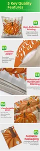 Detailed views of linen pillowcase featuring autumn pumpkin print and invisible zipper