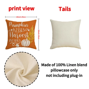 Linen Thanksgiving pumpkin cushion cover with Harvest Wishes print and fabric detail
