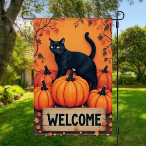 Halloween Garden Flag Double Sided Black Cat Pumpkin Welcome Fall Linen Polyester Outdoor Yard Decorative