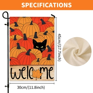 Close-up of double-sided linen texture and dimensions for black cat garden flag