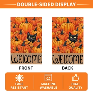 Double-sided burlap garden flag showing black cat and pumpkins with Welcome text