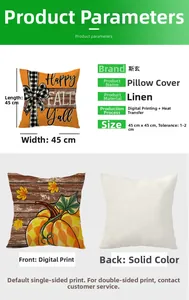 Détails techniques de la housse de coussin en lin avec motif citrouille et texte