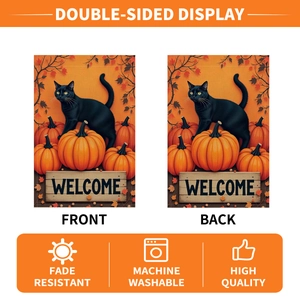 Double-sided Halloween garden flag featuring black cat, pumpkins, and Welcome message
