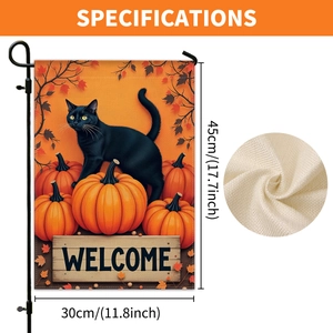 Halloween garden flag with black cat and pumpkin, double-sided linen decor, 45x30cm size