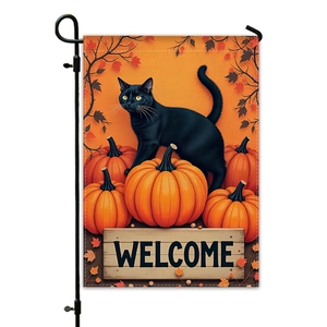 Halloween garden flag with black cat on pumpkins and Welcome sign on a metal stand