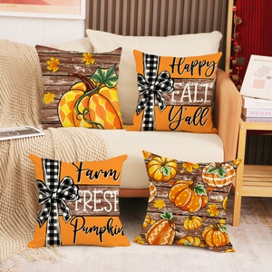 Housses De Coussin Moisson D'Automne Citrouille Feuille Érable Imprimé Mélange Lin Décoration Ferme Thanksgiving Nœud