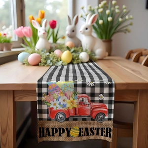 Ostern Tischläufer aus Leinen mit rotem LKW und Blumen auf schwarz-weißem Karomuster