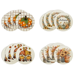 Round Autumn Placemat Linen Blend Heat Resistant Washable Table Mat Pumpkin Sunflower Thanksgiving Harvest Dining Decor