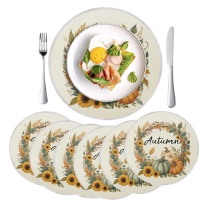 Set of 6 round autumn placemats with sunflower pumpkin wreath and Autumn text
