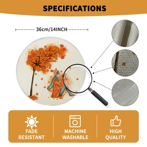 Round linen placemat with autumn maple leaf woman print, 14 inch heat resistant table mat