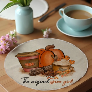 Linen round placemat featuring autumn pumpkin and coffee art with original spice girl text
