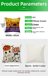 Detail of linen Halloween pillow cover showing 45x45cm size and digital printing quality