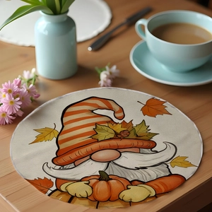Detailed texture of round linen placemat featuring an autumn gnome and maple leaf design