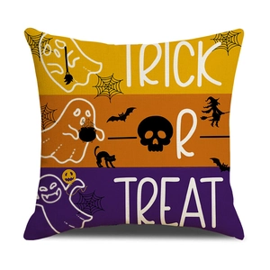 Halloween throw pillow cover featuring ghosts and skeletons on tri-color linen fabric