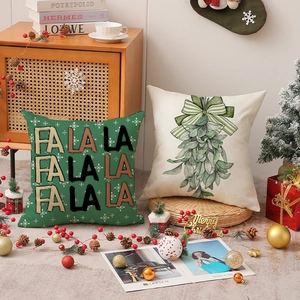 Set of two Christmas pillow covers in linen with pine tree and holiday print patterns