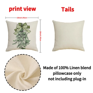 Linen Christmas pillow case with green leaf and bow print, 18x18 inches, no insert