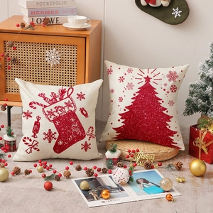 Kerst kussenslopen met rode glitter eland en boom print op beige faux linnen stof