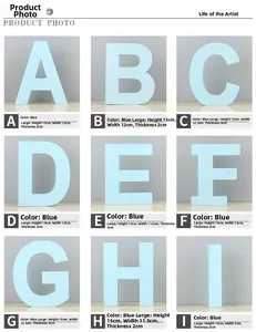 Dimensions détaillées des lettres décoratives bleues en bois de 15 cm A à I