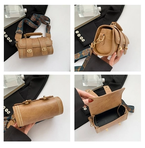 Detailed four-angle view of retro barrel bag featuring vintage strap and gold rivets