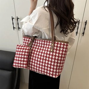 Classic red and white plaid tote bag set with brown leather straps for spring fashion