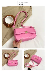 Detailed views of pink crossbody square bag featuring gold lock and matte texture finish