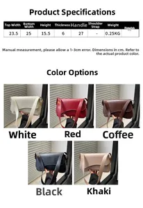 Size chart and dimensions for the PU leather crossbody bag showing five color options