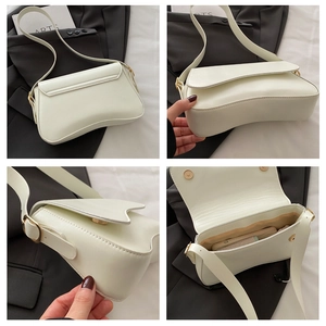 Detailed views of a creamy white crescent shoulder bag with golden hardware and interior
