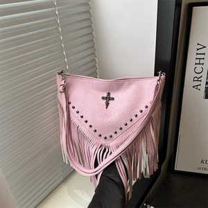 Gothic Bohemian Tassel Rivet Crossbody Bag Women Rivets Cross PU Leather Shoulder Bag For Party Dating Daily Shoulder Bag