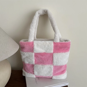 Sac Cabas en Peluche à Damier pour Femme Grande Capacité Sac à Épaule Doux et Moelleux Hiver Décontracté Sac à Main Shopping Quotidien