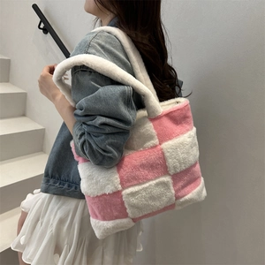 Sac fourre-tout en peluche à damier rose et blanc à grande capacité pour femme
