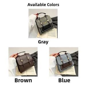 Detailed views of vintage crossbody bags in grey, brown and denim blue textured finishes