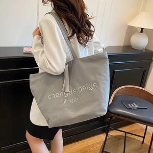 Grey canvas tote bag with letter embroidery for women, casual large capacity shoulder bag