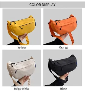 Color options of nylon dumpling bags in yellow, orange, beige, and black with metal zippers