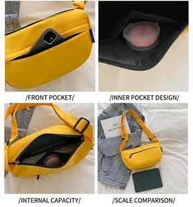 Macro shot of yellow crossbody bag showing internal capacity, front pocket, and dimensions