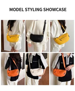 Detail showing various colors of nylon dumpling bags with adjustable shoulder straps