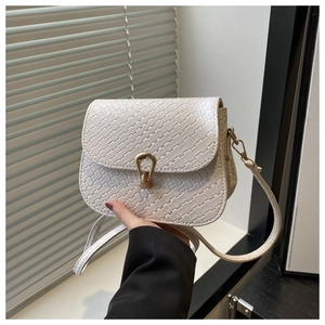 Close-up of white woven texture crossbody bag with gold-tone horseshoe lock and metal buckle