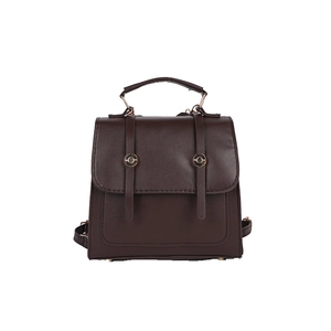 British vintage dark brown PU leather backpack with top handle and gold buckles