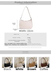 Detailed chart showing PU leather shoulder bag dimensions, weight, and four color options