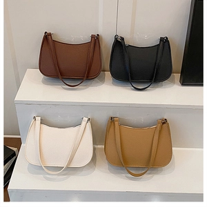 Litchi pattern leather baguette bags displayed in brown, black, cream, and khaki colors