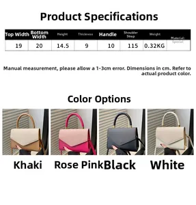Detailed size chart and specifications for the textured crossbody bag in four colors