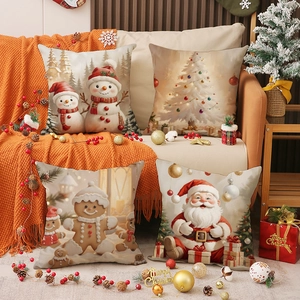 Taies d'Oreiller de Noël en Mélange de Lin Vacances d'Hiver Bonhomme de Neige Père Noël Housse de Coussin Décorative Canapé