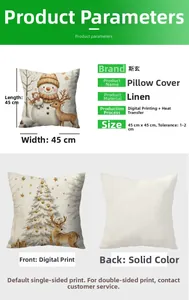 Detailed 45x45cm Christmas snowman linen pillowcase showing front print and back texture
