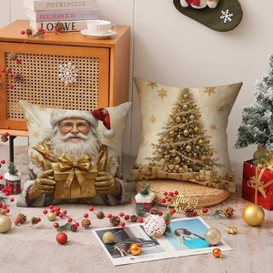 Christmas pillow covers set featuring Santa Claus and golden tree on cream linen fabric