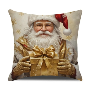 Christmas pillowcase featuring Santa Claus with gold gift box and snowflake pattern