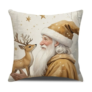 Christmas pillow cover with Santa and deer illustration on beige linen fabric