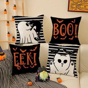 Detailed set of 4 Halloween throw pillow covers with black cat, ghost, and bat prints