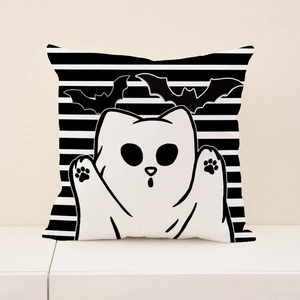 Halloween cat ghost throw pillow cover with black and white stripes for home decor